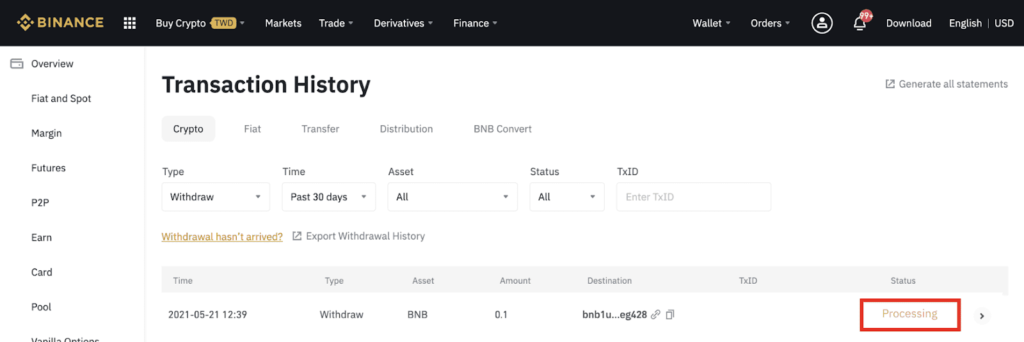 Reviewing Withdrawal History